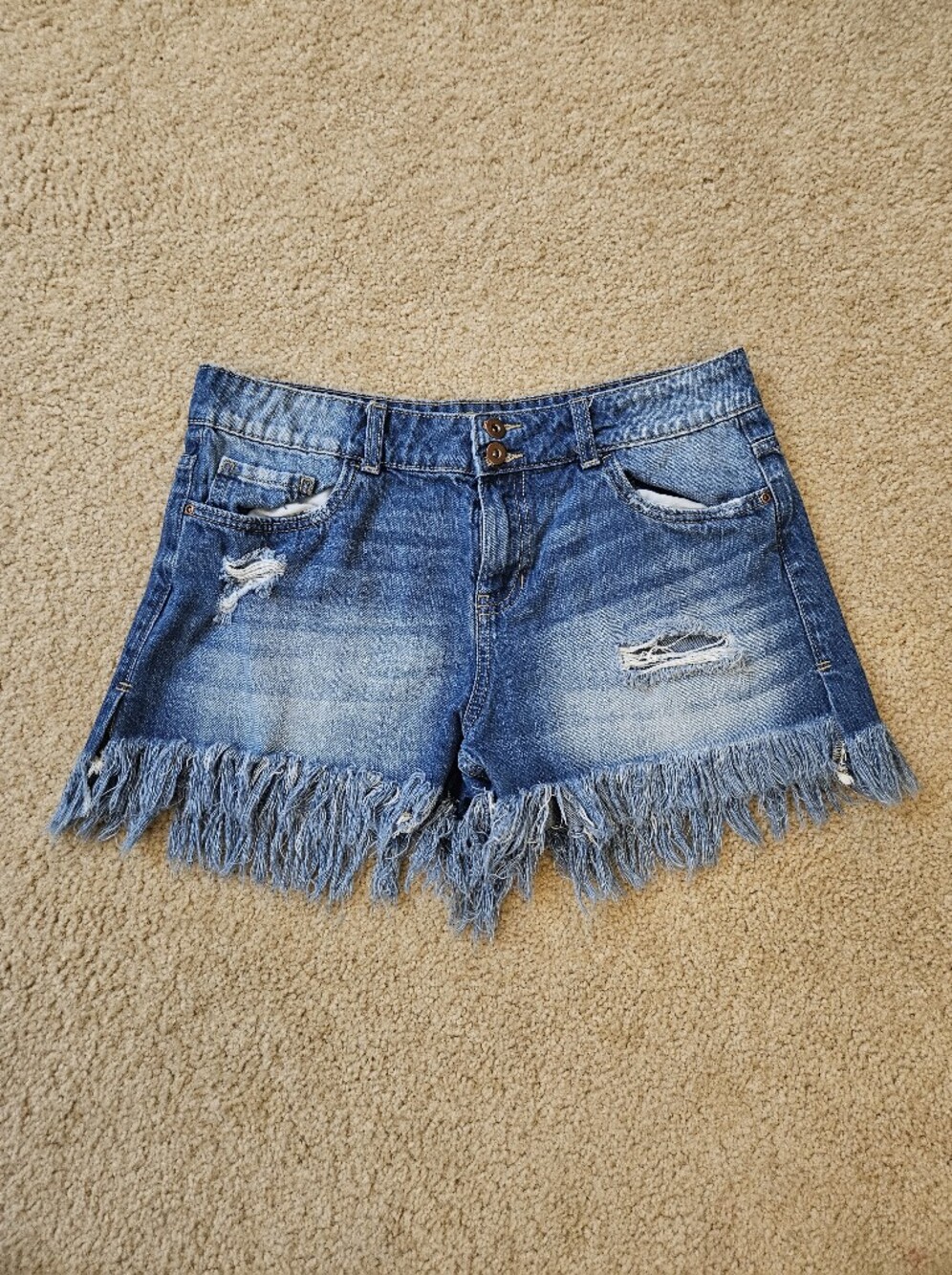 True Craft Women's Size 13 Frayed Hem Distressed Denim Shorts